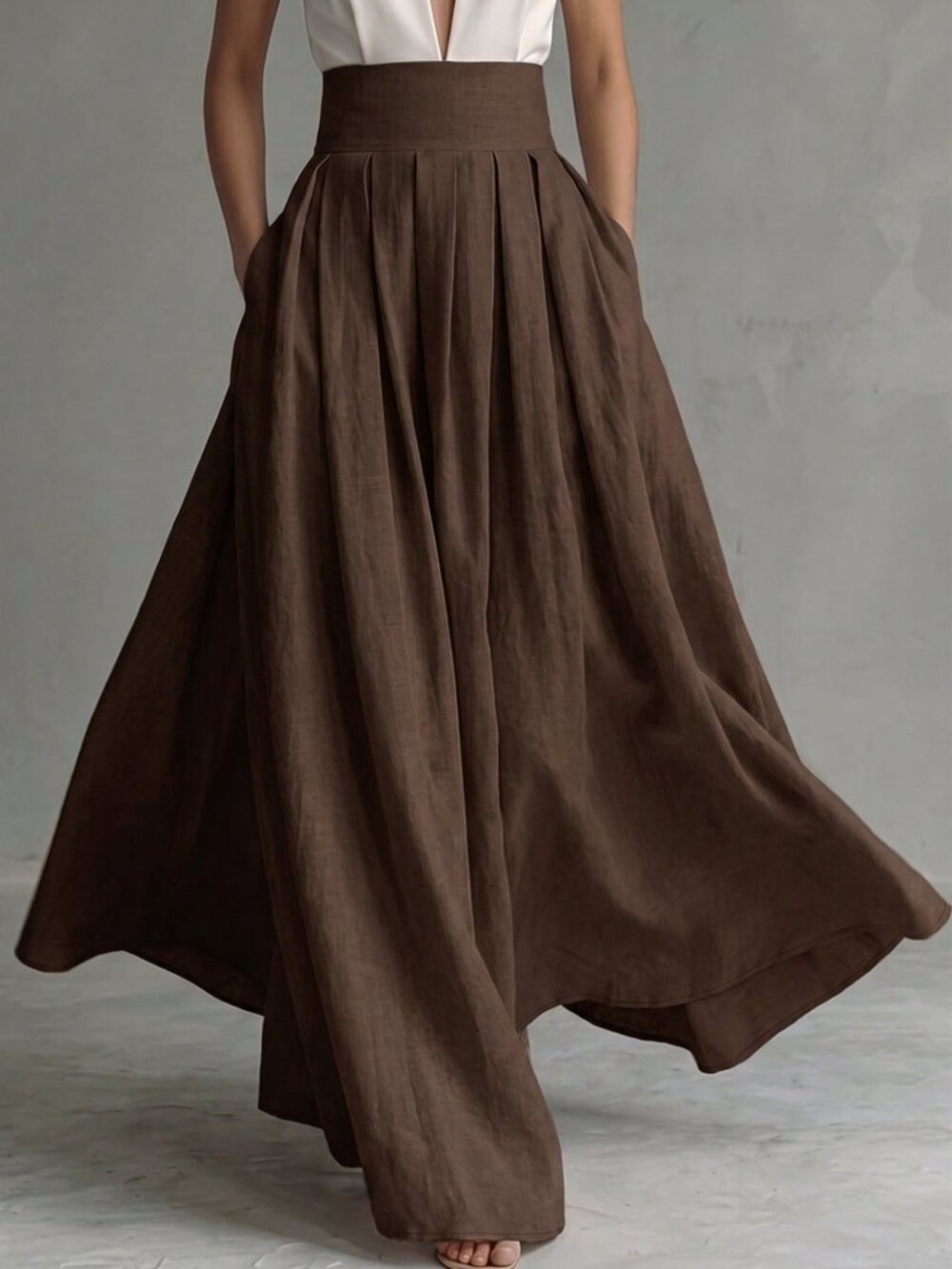 Brown Casual Women's Elegant Slimming Drape Pleated Long Skirt - Picture 3 of 6